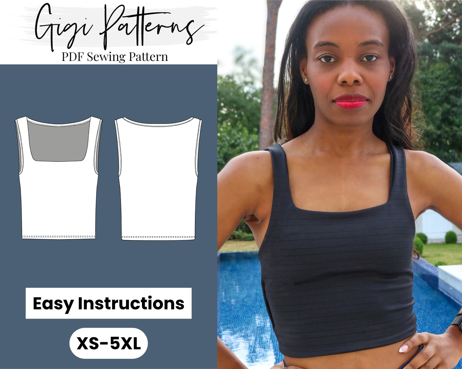 Square Neck Crop Top Sewing Pattern XS-XXXL Instant Download Easy Digital  PDF 