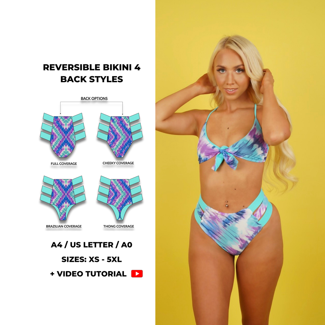 Reversible bikini bottom sewing pattern with four back coverage styles: full, cheeky, Brazilian, and thong. Features a high-waist cut with strappy sides and tie-dye print. Includes PDF pattern in A4, US Letter, and A0, plus video tutorial. Sizes: XS, S, M, L, XL, XXL, 3XL, 4XL, 5XL