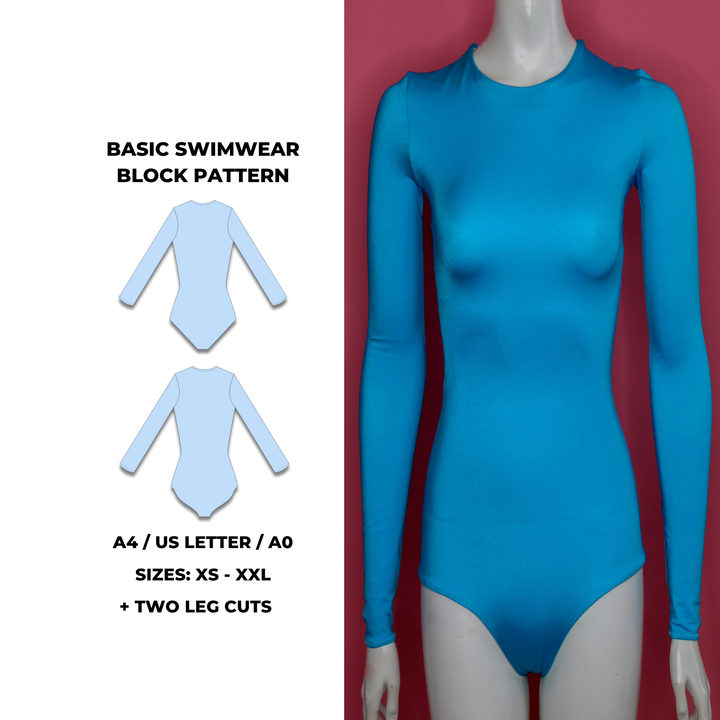 Basic swimwear block and leotard sloper sewing pattern with long sleeves and scoop back. Includes two leg cut options. Digital PDF pattern in A4, US Letter, and A0 formats. Sizes XS, S, M, L, XL, XXL. Ideal for one-piece swimsuits, leotards, or pole dance outfits. Fashion designer sloper, swimwear basic sloper, sloper pattern PDF, leotard pattern PDF.