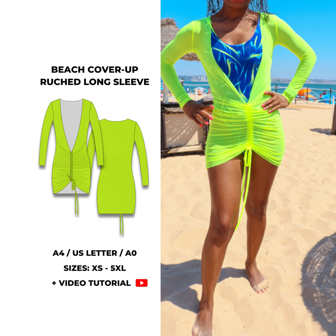 Beach cover-up sewing pattern with ruched front, long sleeves, and deep V-neckline. Designed as a swimsuit layering piece. Digital PDF download includes A4, US Letter, and A0 formats. Sizes XS, S, M, L, XL, 2XL, 3XL, 4XL, 5XL. Includes video tutorial. Swimwear cover-up pattern, beach dress pattern, fashion designer sewing pattern.