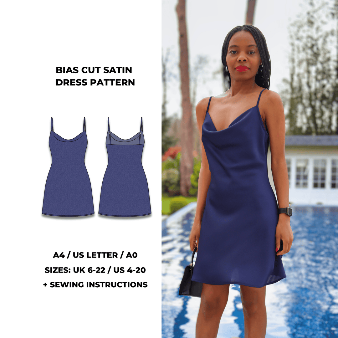 Bias cut satin slip dress sewing pattern with cowl neckline and spaghetti straps. Digital PDF download in A4, US Letter, and A0 formats. Includes sewing instructions. Sizes UK 6 to 22 / US 4 to 20 by GigiZanti.