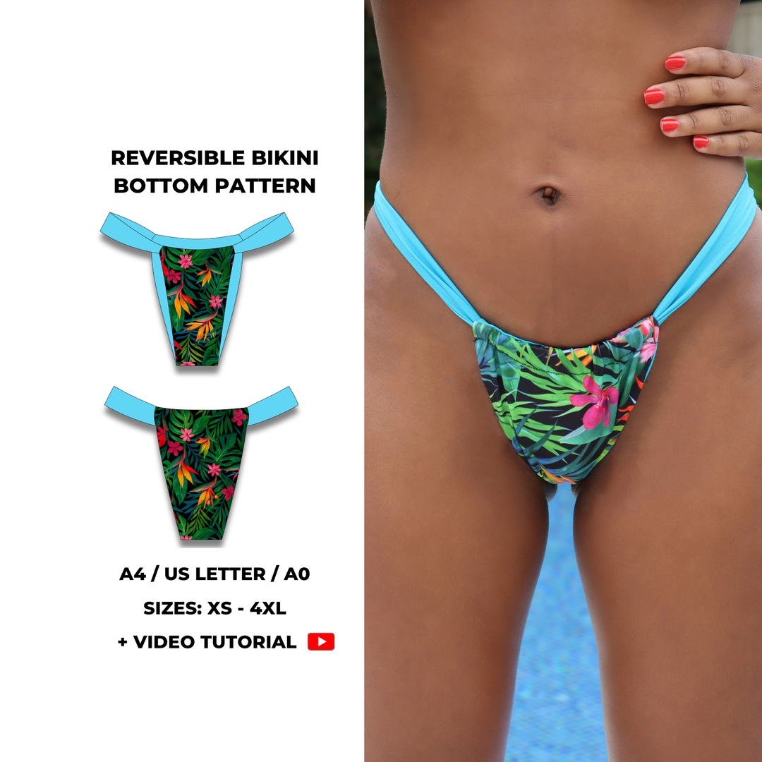 Reversible Brazilian bikini bottom sewing pattern with adjustable wide waistband that creates ruched effect at the front and back. One side features tropical print, the other is plain. Includes sizes XS, S, M, L, XL, 2XL, 3XL, 4XL. Comes as a digital PDF download in A4, US Letter, and A0 formats. Includes sew-along video tutorial for beginners.