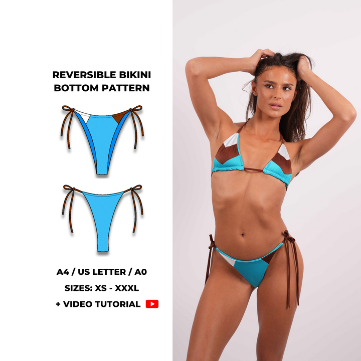 Reversible bikini bottom sewing pattern with colour block front and solid reverse side. Features adjustable tie sides and moderate back coverage. Includes sizes XS to XXXL. Comes as a digital PDF download in A4, US Letter, and A0 formats. Includes a video tutorial.