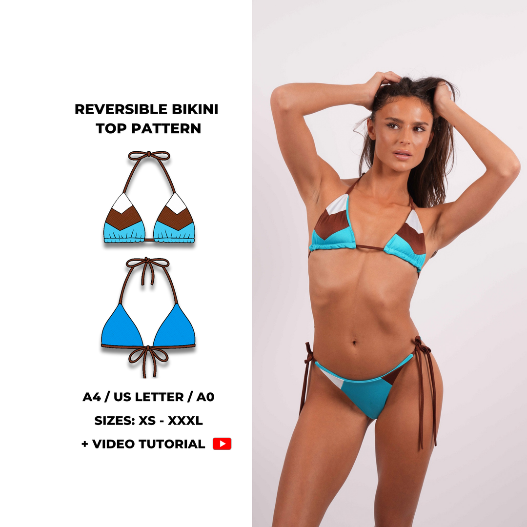 Reversible triangle bikini top sewing pattern with colour block detail on one side and solid reverse. Features adjustable halter and back ties. Comes as a digital PDF download in A4, US Letter, and A0 formats. Includes sizes XS to XXXL and a video tutorial.