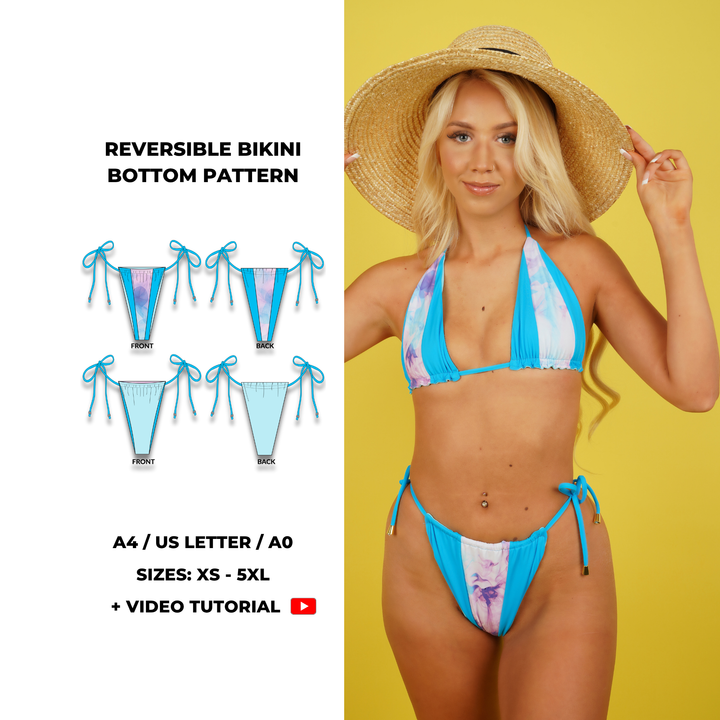 Reversible bikini bottom sewing pattern with adjustable side ties. One side features a colour-block centre panel, the other is solid for a second look. Ruched centre seam for flattering fit. Includes sizes XS, S, M, L, XL, 2XL, 3XL, 4XL, 5XL. Supplied as a digital PDF in A4, US Letter, and A0 formats with a beginner-friendly video tutorial.