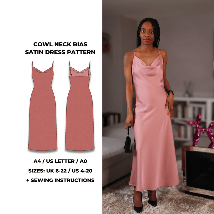 Cowl neck satin dress sewing pattern cut on the bias with spaghetti straps. PDF sewing pattern includes A4, US Letter, and A0 files. Sizes UK 6 to 22 / US 4 to 20. Sewing instructions included by GigiZanti.