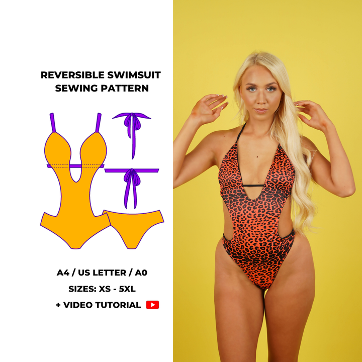 Reversible one-piece swimsuit sewing pattern with deep V neckline, side cut-outs, and adjustable halter neck ties. Colourful leopard print on one side and solid reverse. Includes sizes XS, S, M, L, XL, 2XL, 3XL, 4XL, 5XL. Comes as a digital PDF download in A4, US Letter, and A0 formats. Includes sew-along video tutorial for beginners.
