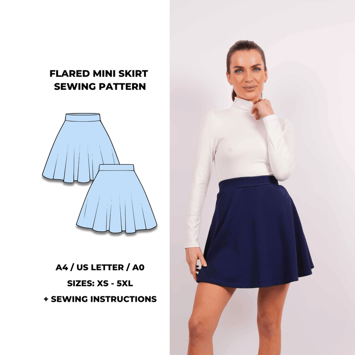 Flared mini skirt sewing pattern with fitted waistband and gentle volume. Digital PDF download includes A4, US Letter, and A0 formats. Sizes XS, S, M, L, XL, 2XL, 3XL, 4XL, 5XL. Sewing instructions included.