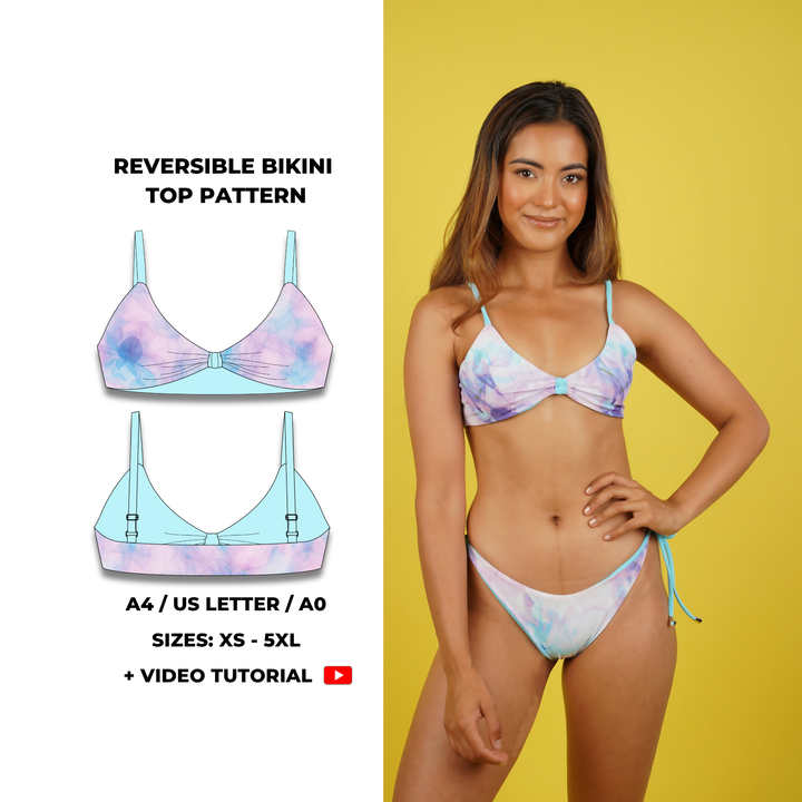 Reversible bikini top sewing pattern with adjustable shoulder straps and a front knot detail. Includes sizes XS, S, M, L, XL, 2XL, 3XL, 4XL, 5XL. Comes as a PDF download in A4, US Letter, and A0 formats. Digital swimwear pattern with video tutorial, beginner friendly.