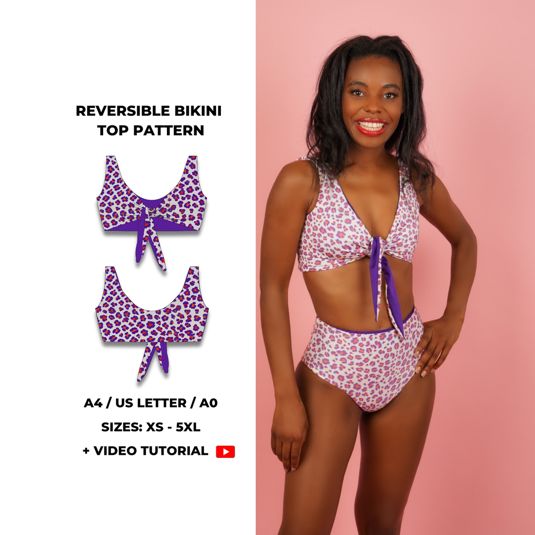 Reversible bikini top sewing pattern with wide shoulder straps and front tie knot. Scoop back and clean finish. Includes sizes XS, S, M, L, XL, 2XL, 3XL, 4XL, 5XL. Comes as a digital PDF download in A4, US Letter, and A0 formats. Includes sew-along video tutorial for beginners.