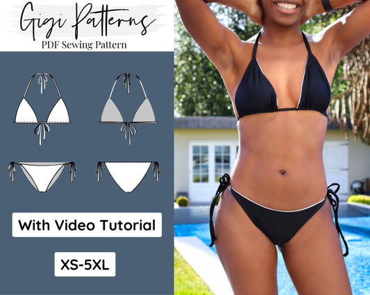 Patrón de bikini, patrón de traje de baño, patrones de costura, patrón de bikini de conjunto inferior y lateral de cuerda superior triangular, bikini reversible