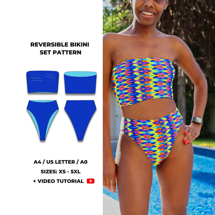 Reversible bikini sewing pattern set including a bandeau top and high cut high waist bottom. Seamless finish, snug fit, and clean folded edges. Shown on model front view, suitable for stretch swimwear fabrics. Sizes XS to XL, PDF download with A4, US Letter and A0 formats. Includes step-by-step video tutorial.