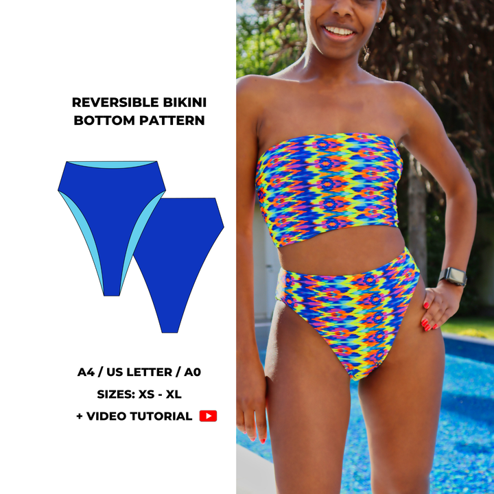 Reversible high cut high waist bikini bottom sewing pattern with seamless finish, shown on model front and back. Features a high leg opening, clean folded edges, and snug fit around waist and hips. Includes sizes XS to XL, PDF format with video tutorial.