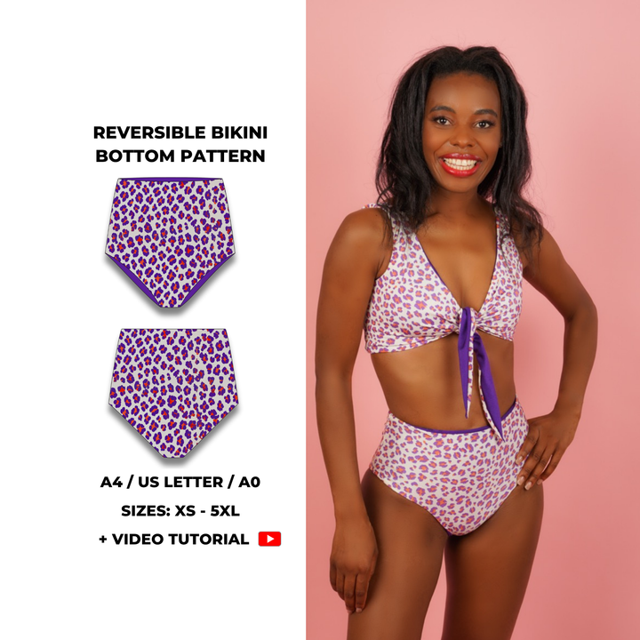 Reversible high-waist bikini bottom sewing pattern with clean finish and full coverage. Includes sizes XS, S, M, L, XL, 2XL, 3XL, 4XL, 5XL. Comes as a digital PDF download in A4, US Letter, and A0 formats. Includes sew-along video tutorial for beginners.