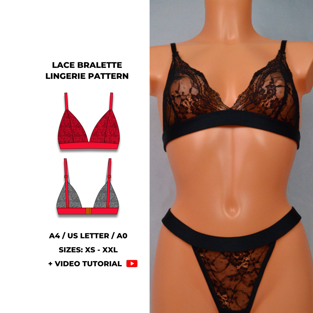 Lace bralette lingerie sewing pattern with adjustable straps and soft underbust band. Digital PDF download includes A4, US Letter, and A0 formats. Sizes XS, S, M, L, XL, XXL. Includes step-by-step video tutorial.
