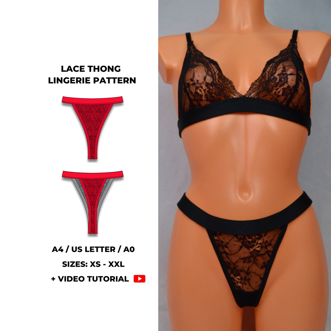 Lace thong lingerie sewing pattern with soft waistband and minimal coverage. Digital PDF download includes A4, US Letter, and A0 formats. Sizes XS, S, M, L, XL, XXL. Includes step-by-step video tutorial.