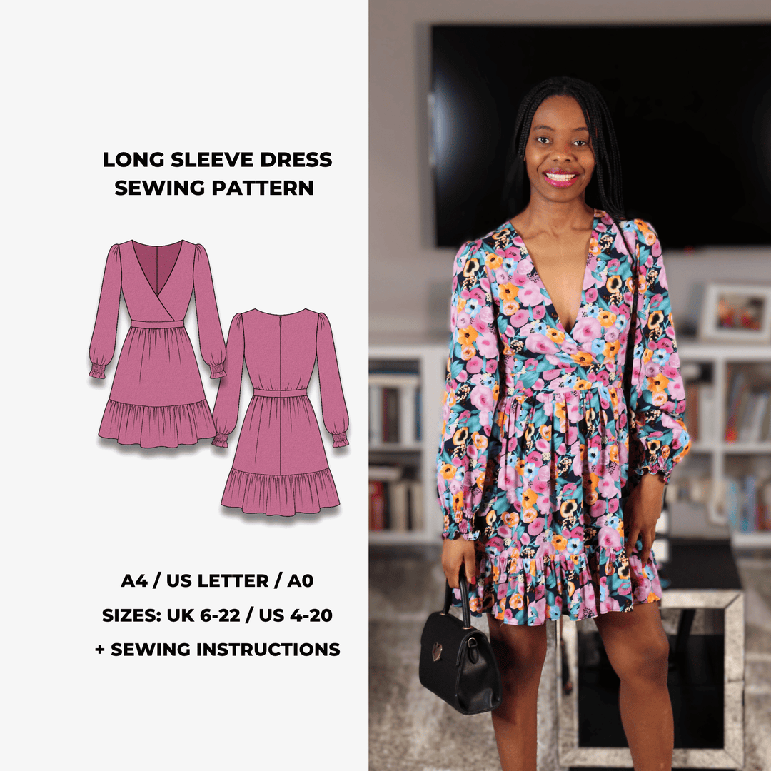 Long sleeve floral dress sewing pattern with puff sleeves and gathered skirt. Digital PDF pattern in A4 US Letter and A0 format. Sizes UK 6 to 22 and US 4 to 20. Includes sewing instructions by GigiZanti