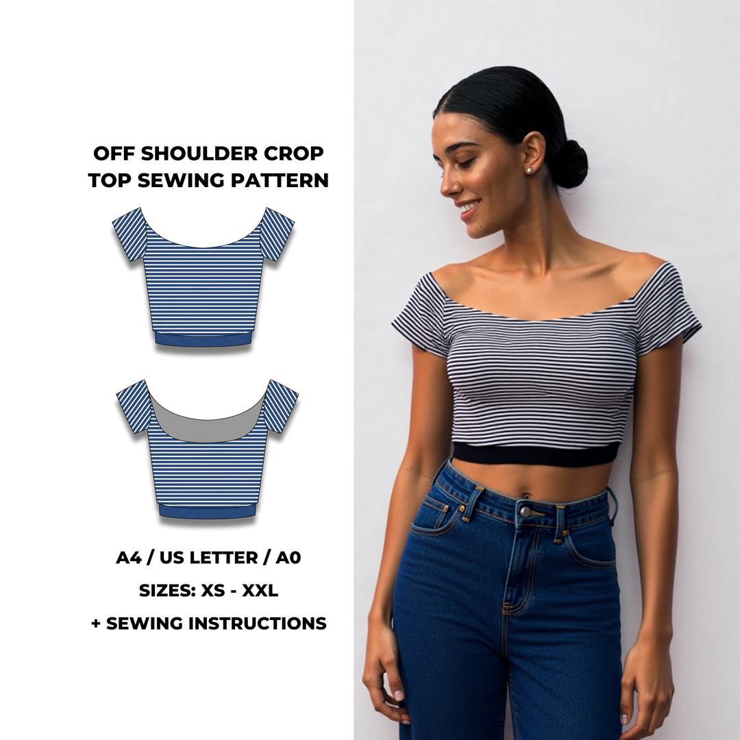 Off shoulder crop top sewing pattern with fitted bodice and short sleeves. Digital PDF pattern includes A4, US Letter, and A0 formats. Sizes XS, S, M, L, XL, XXL. Sewing instructions included.