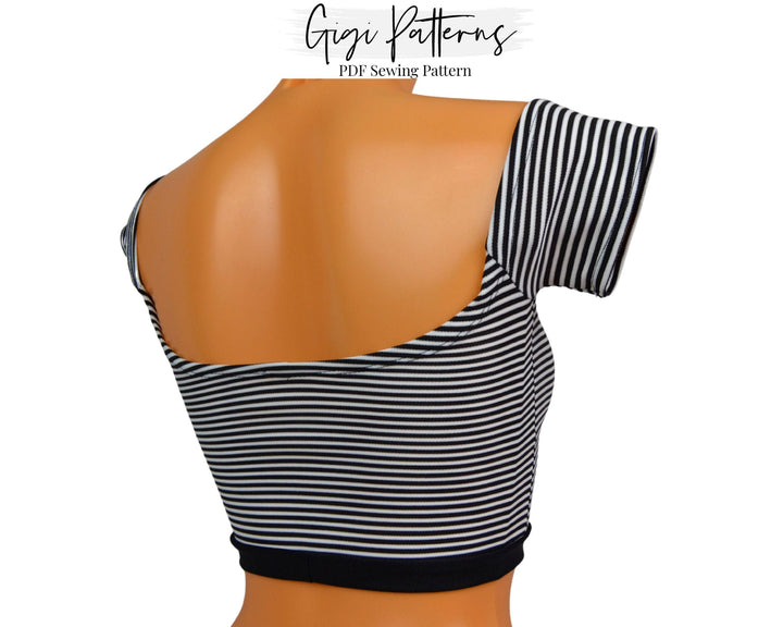 Off shoulder crop top sewing pattern with fitted bodice and short sleeves. Digital PDF pattern includes A4, US Letter, and A0 formats. Sizes XS, S, M, L, XL, XXL. Sewing instructions included.