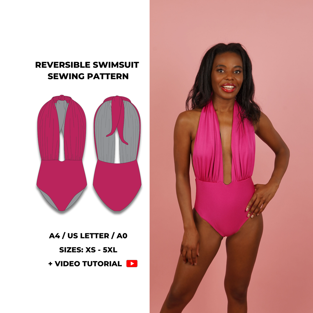Reversible one-piece swimsuit sewing pattern with deep plunge neckline and halter tie at the neck. Gathered front design with moderate back coverage. Includes sizes XS, S, M, L, XL, 2XL, 3XL, 4XL, 5XL. Comes as a digital PDF download in A4, US Letter, and A0 formats. Includes sew-along video tutorial for beginners.