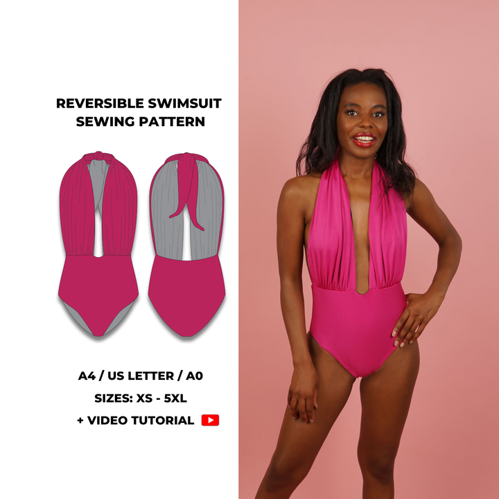 Reversible one-piece swimsuit sewing pattern with deep plunge neckline and halter tie at the neck. Gathered front design with moderate back coverage. Includes sizes XS, S, M, L, XL, 2XL, 3XL, 4XL, 5XL. Comes as a digital PDF download in A4, US Letter, and A0 formats. Includes sew-along video tutorial for beginners.