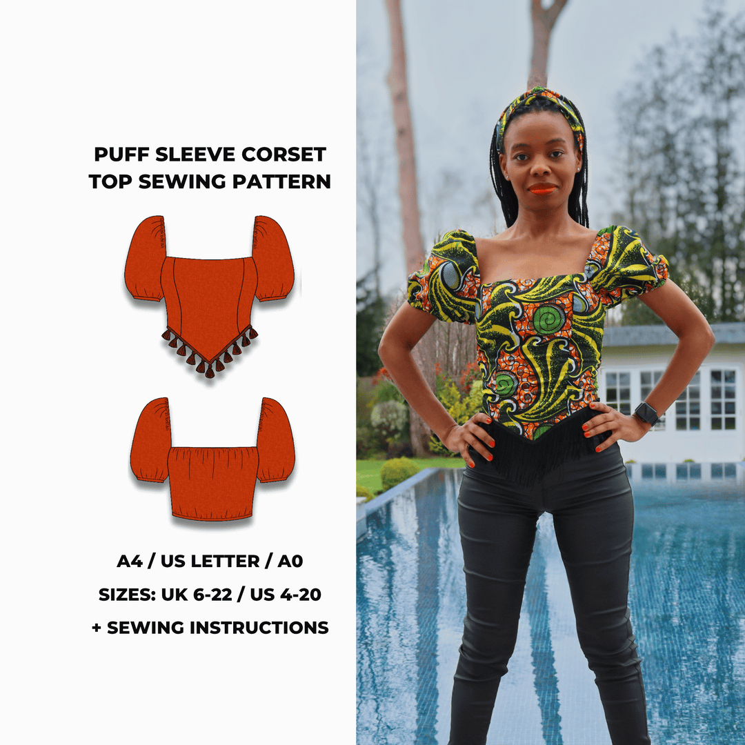 Puff sleeve corset top sewing pattern with square neckline and pointed hem. Digital PDF download includes A4, US Letter, and A0 formats. Sewing instructions included.