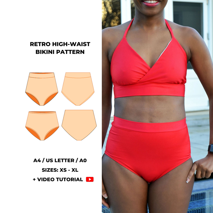 Digital sewing pattern featuring a retro high-waisted bikini bottom with moderate leg openings and full back coverage. Includes four view options and is modelled in red with a matching halter top. Format includes A4, US Letter, and A0. Sizes XS–XL. Video tutorial included.