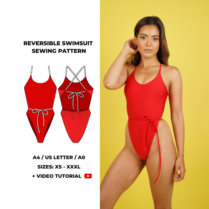 Reversible one-piece swimsuit sewing pattern with scoop neckline and cross-back tie straps. Features high-cut leg and adjustable side tie waist. Includes sizes XS to XXXL. Comes as a digital PDF download in A4, US Letter, and A0 formats with step-by-step video tutorial.