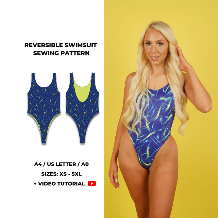 Reversible one-piece high cut swimsuit sewing pattern with scoop neckline and low back. Digital PDF includes A4, US Letter, and A0 formats. Sizes XS, S, M, L, XL, 2XL, 3XL, 4XL, 5XL. Includes step-by-step video tutorial. Swimwear pattern PDF, high leg swimsuit pattern, fashion designer sewing pattern.