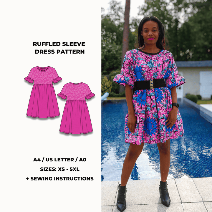 Ruffled sleeve dress sewing pattern with gathered skirt and round neckline. Digital PDF pattern includes A4, US Letter, and A0 formats. Sizes XS to 5XL with sewing instructions included.