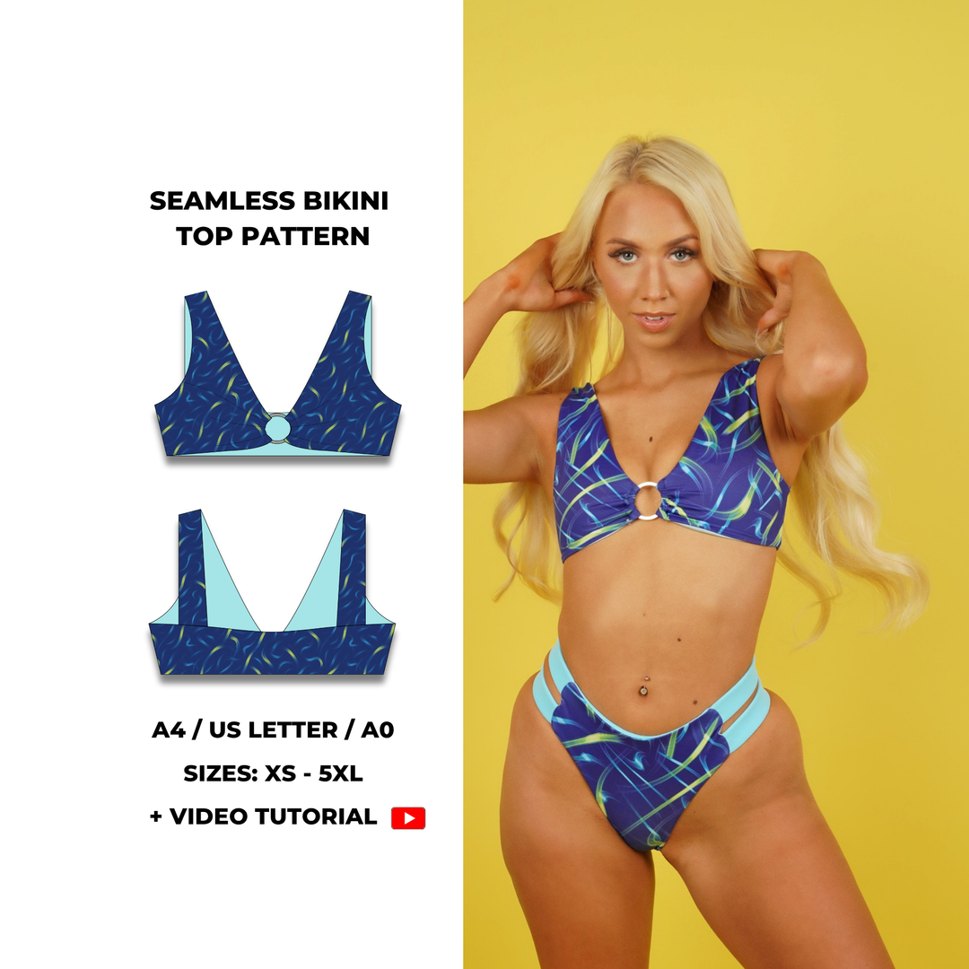 Seamless bikini top sewing pattern with front ring detail, wide straps, and scoop back. Digital PDF includes A4, US Letter, and A0 formats. Sizes XS, S, M, L, XL, 2XL, 3XL, 4XL, 5XL. Includes step-by-step video tutorial. Swimwear top pattern, fashion designer PDF sewing pattern.