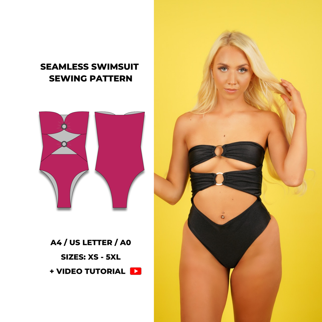 Seamless cut-out swimsuit sewing pattern with metal ring detail – PDF digital download in sizes XS to 5XL, includes A4, US Letter, A0 formats and video tutorial by GigiZanti.
