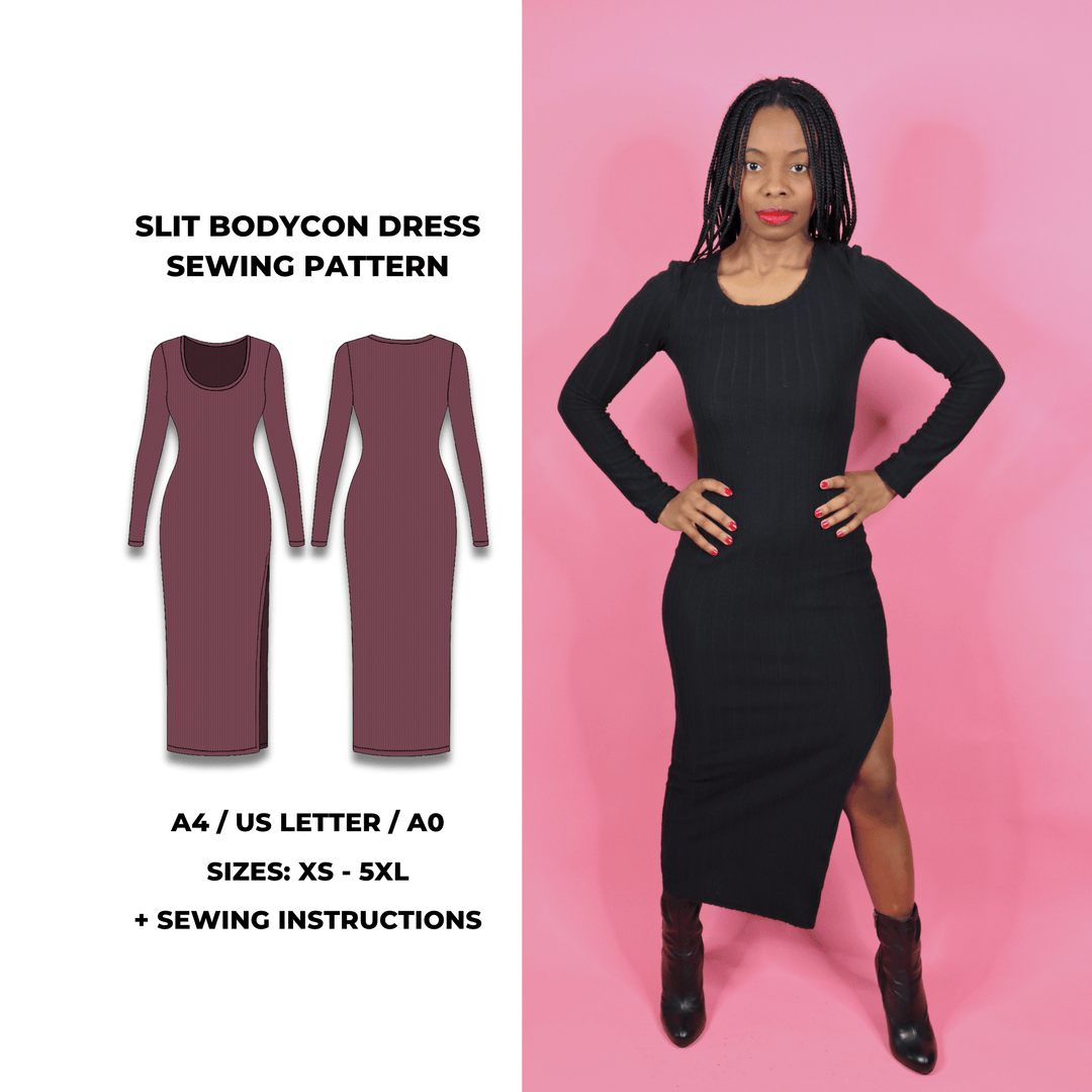 Slit bodycon dress sewing pattern with long sleeves and scoop neckline. Digital PDF download in A4 US Letter and A0 formats. Sizes XS to 5XL. Includes detailed sewing instructions by GigiZanti.