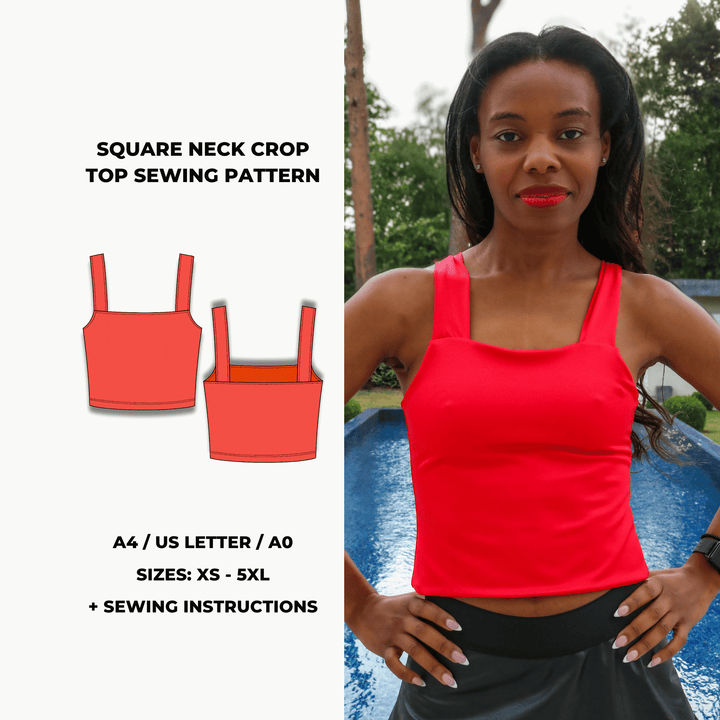 Square neck crop top sewing pattern with wide shoulder straps and fitted silhouette. Digital PDF download includes A4, US Letter, and A0 formats. Sizes XS, S, M, L, XL, 2XL, 3XL, 4XL, 5XL. Sewing instructions included.