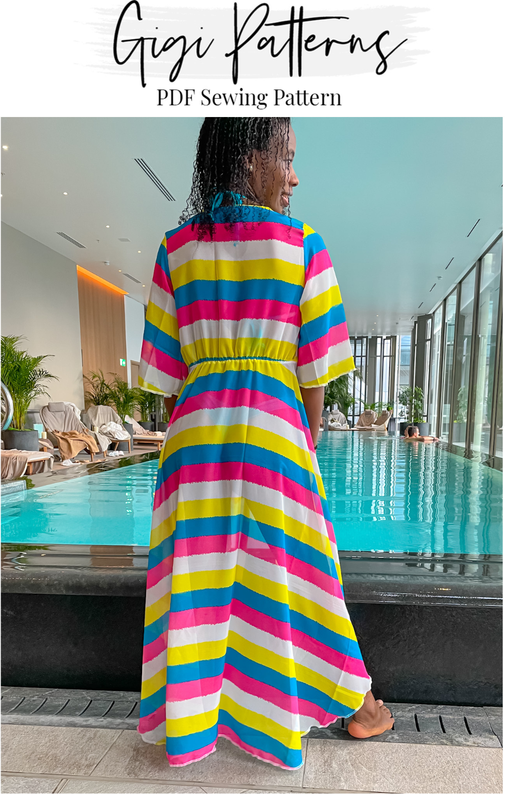 Swimsuit and beach cover-up sewing pattern. Includes a short sleeve cover-up with open front, waist tie, and high-low hem. Swimsuit features a sporty scoop neck top and mid-rise bottom. Digital PDF includes A4, US Letter, and A0 formats. Sizes XS, S, M, L, XL, 2XL, 3XL, 4XL, 5XL. Step-by-step video tutorial included. Beach cover-up pattern, swimwear PDF, fashion designer resortwear.