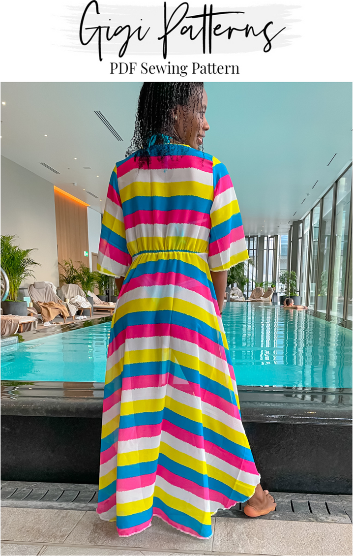 Swimsuit and beach cover-up sewing pattern. Includes a short sleeve cover-up with open front, waist tie, and high-low hem. Swimsuit features a sporty scoop neck top and mid-rise bottom. Digital PDF includes A4, US Letter, and A0 formats. Sizes XS, S, M, L, XL, 2XL, 3XL, 4XL, 5XL. Step-by-step video tutorial included. Beach cover-up pattern, swimwear PDF, fashion designer resortwear.