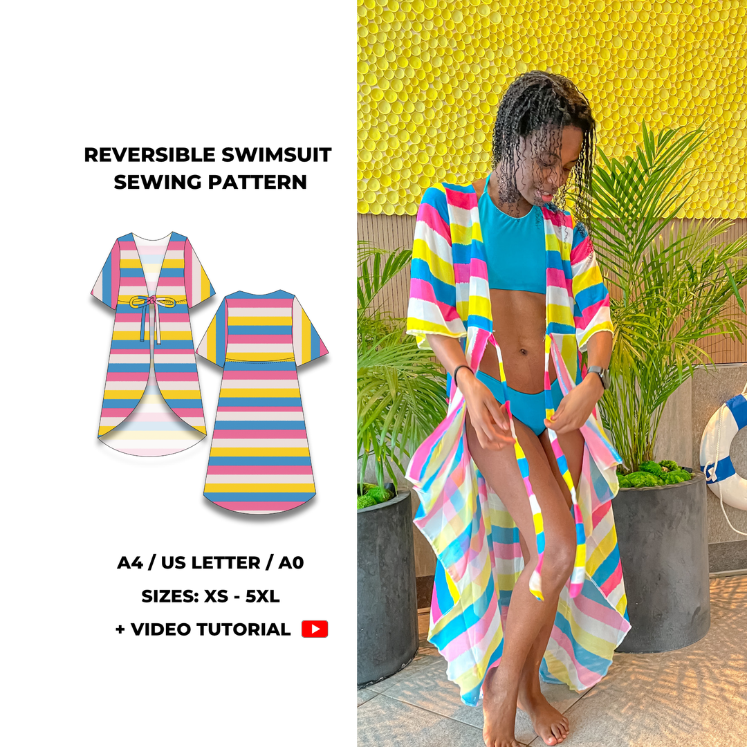 Swimsuit and beach cover-up sewing pattern. Includes a short sleeve cover-up with open front, waist tie, and high-low hem. Swimsuit features a sporty scoop neck top and mid-rise bottom. Digital PDF includes A4, US Letter, and A0 formats. Sizes XS, S, M, L, XL, 2XL, 3XL, 4XL, 5XL. Step-by-step video tutorial included. Beach cover-up pattern, swimwear PDF, fashion designer resortwear.