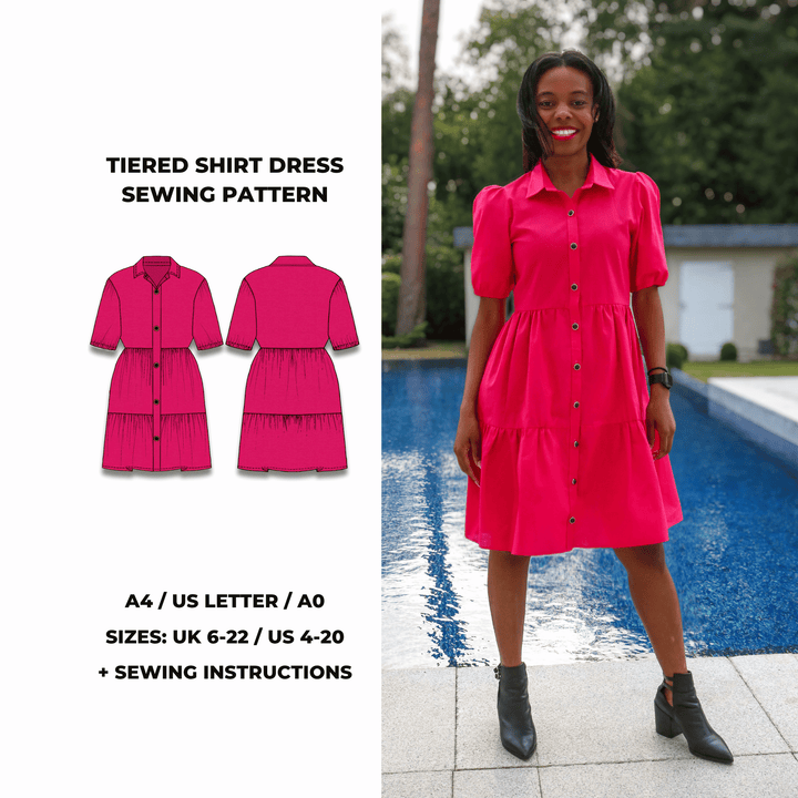 Tiered shirt dress sewing pattern with puff sleeves, button front, and gathered skirt. Digital PDF pattern includes A4, US Letter, and A0 formats. Sewing instructions included.