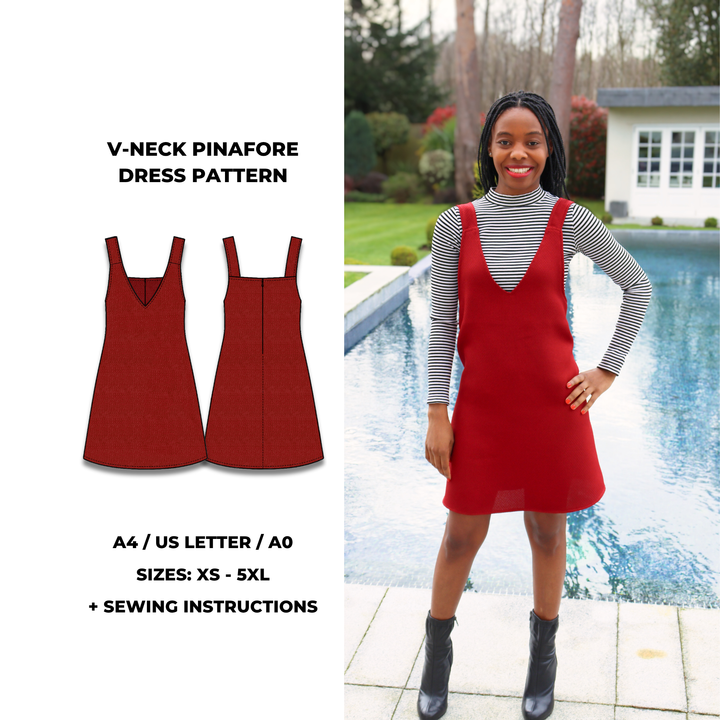 V-neck pinafore dress sewing pattern with wide straps and slight A-line shape. Digital PDF download includes A4, US Letter, and A0 formats. Sizes XS, S, M, L, XL, 2XL, 3XL, 4XL, 5XL. Sewing instructions included.