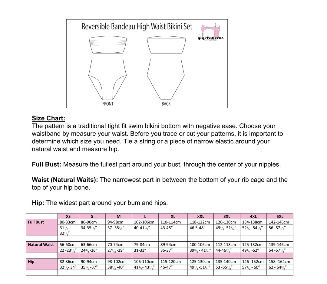 swimsuit size chart, gigipatterns, Reversible swimsuit, Bandeau bikini bottoms, High Cut legs Bikini, high waisted sewing patterns, tummy control swimsuit,  DIY Swimsuit,  Swimsuit Patterns, pdf sewing patterns, plus size