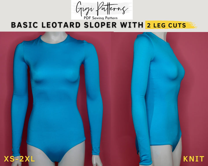 Women's Basic Leotard Sloper Pattern Block // Fashion designer, swimwear basic sloper, sloper pattern pdf, leotard pattern pdf, pole dance, Basic swimwear block and leotard sloper sewing pattern with long sleeves and scoop back. Includes two leg cut options. Digital PDF pattern in A4, US Letter, and A0 formats. Sizes XS, S, M, L, XL, XXL. Ideal for one-piece swimsuits, leotards, or pole dance outfits. Fashion designer sloper, swimwear basic sloper, sloper pattern PDF, leotard pattern PDF.