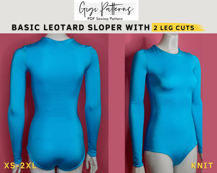 Women's Basic Leotard Sloper Pattern Block // Fashion designer, swimwear basic sloper, sloper pattern pdf, leotard pattern pdf, pole dance, Basic swimwear block and leotard sloper sewing pattern with long sleeves and scoop back. Includes two leg cut options. Digital PDF pattern in A4, US Letter, and A0 formats. Sizes XS, S, M, L, XL, XXL. Ideal for one-piece swimsuits, leotards, or pole dance outfits. Fashion designer sloper, swimwear basic sloper, sloper pattern PDF, leotard pattern PDF.