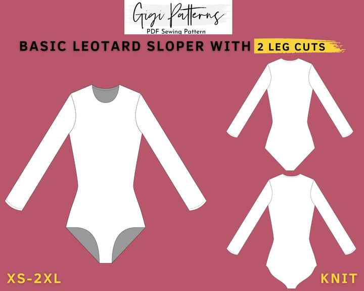 Women's Basic Leotard Sloper Pattern Block // Fashion designer, swimwear basic sloper, sloper pattern pdf, leotard pattern pdf, pole dance, Basic swimwear block and leotard sloper sewing pattern with long sleeves and scoop back. Includes two leg cut options. Digital PDF pattern in A4, US Letter, and A0 formats. Sizes XS, S, M, L, XL, XXL. Ideal for one-piece swimsuits, leotards, or pole dance outfits. Fashion designer sloper, swimwear basic sloper, sloper pattern PDF, leotard pattern PDF.