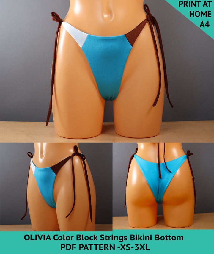 Reversible bikini bottom sewing pattern with colour block front and solid reverse side. Features adjustable tie sides and moderate back coverage. Includes sizes XS to XXXL. Comes as a digital PDF download in A4, US Letter, and A0 formats. Includes a video tutorial.