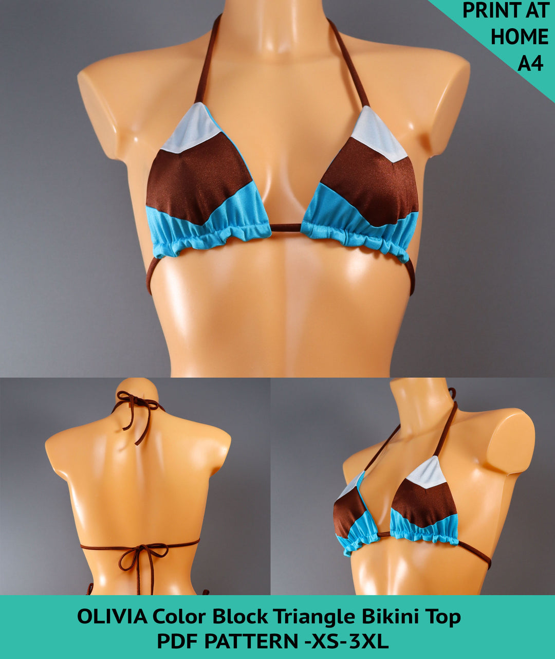 Reversible triangle bikini top sewing pattern with colour block detail on one side and solid reverse. Features adjustable halter and back ties. Comes as a digital PDF download in A4, US Letter, and A0 formats. Includes sizes XS to XXXL and a video tutorial.