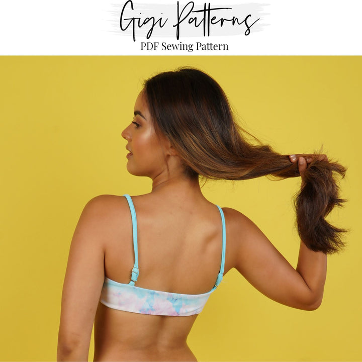 Reversible bikini top sewing pattern with adjustable shoulder straps and a front knot detail. Includes sizes XS, S, M, L, XL, 2XL, 3XL, 4XL, 5XL. Comes as a PDF download in A4, US Letter, and A0 formats. Digital swimwear pattern with video tutorial, beginner friendly.