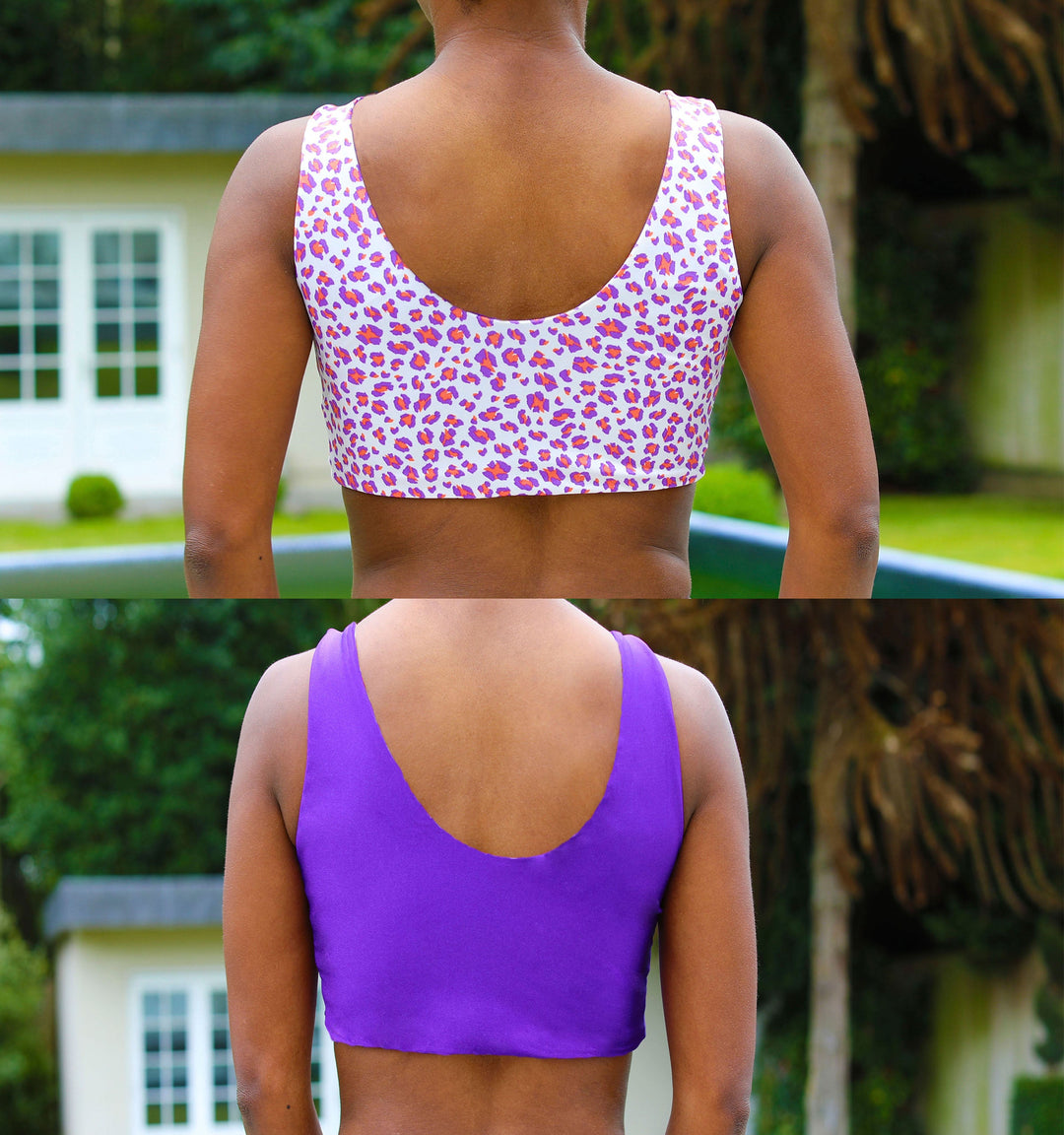 Reversible bikini top sewing pattern with wide shoulder straps and front tie knot. Scoop back and clean finish. Includes sizes XS, S, M, L, XL, 2XL, 3XL, 4XL, 5XL. Comes as a digital PDF download in A4, US Letter, and A0 formats. Includes sew-along video tutorial for beginners.