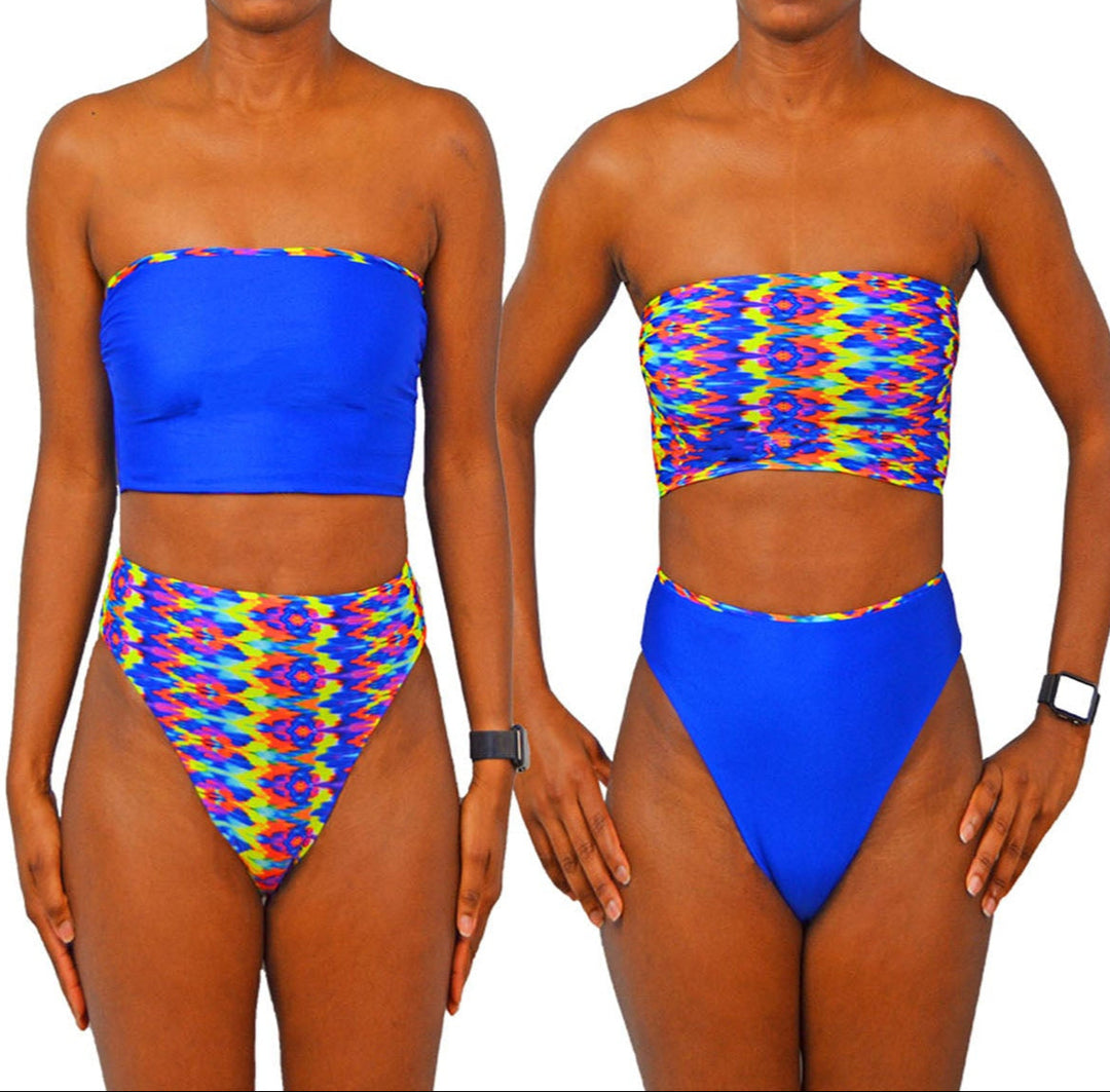 Reversible bikini sewing pattern set including a bandeau top and high cut high waist bottom. Seamless finish, snug fit, and clean folded edges. Shown on model front view, suitable for stretch swimwear fabrics. Sizes XS to XL, PDF download with A4, US Letter and A0 formats. Includes step-by-step video tutorial. gigipatterns, Reversible swimsuit, Bandeau bikini bottoms, High Cut legs Bikini, high waisted sewing patterns, tummy control swimsuit,  DIY Swimsuit,  Swimsuit Patterns, pdf sewing patterns, plus size