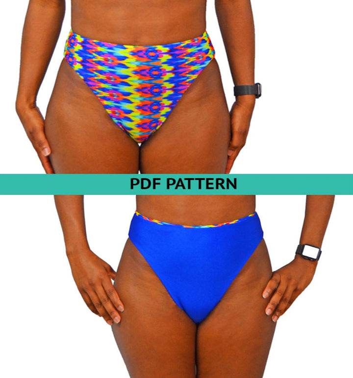 Reversible high cut high waist bikini bottom sewing pattern with seamless finish, shown on model front and back. Features a high leg opening, clean folded edges, and snug fit around waist and hips. Includes sizes XS to XL, PDF format with video tutorial. gigipatterns, Reversible swimsuit, Bandeau bikini bottoms, High Cut legs Bikini, high waisted sewing patterns, tummy control swimsuit,  DIY Swimsuit,  Swimsuit Patterns, pdf sewing patterns, plus size