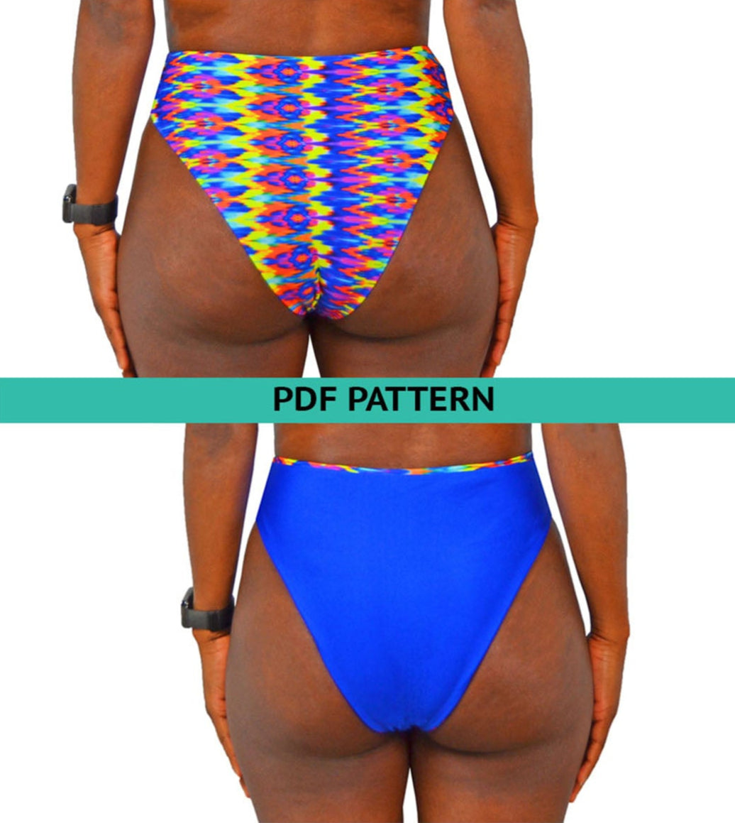 Reversible high cut high waist bikini bottom sewing pattern with seamless finish, shown on model front and back. Features a high leg opening, clean folded edges, and snug fit around waist and hips. Includes sizes XS to XL, PDF format with video tutorial. gigipatterns, Reversible swimsuit, Bandeau bikini bottoms, High Cut legs Bikini, high waisted sewing patterns, tummy control swimsuit,  DIY Swimsuit,  Swimsuit Patterns, pdf sewing patterns, plus size